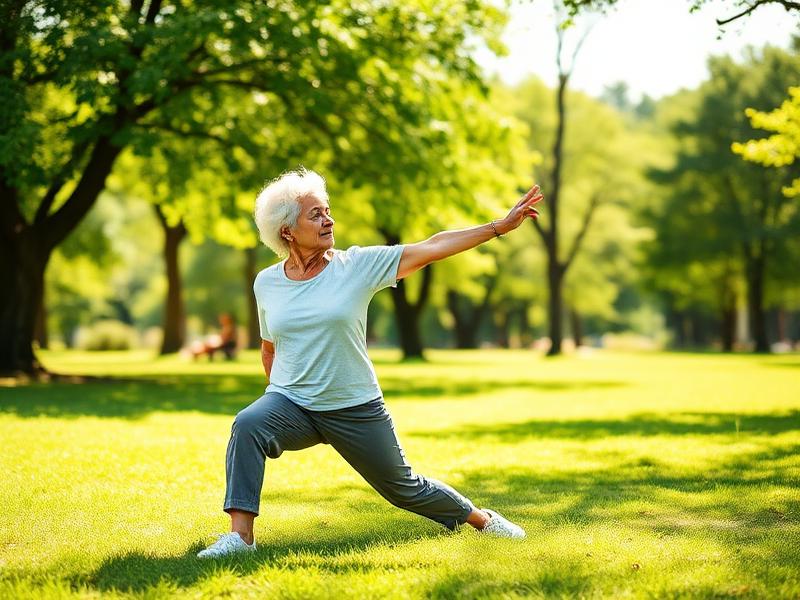 Літня жінка робить вправи на свіжому повітрі в парку